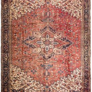 Two-Toned Palace Size Vintage Rug | Sun Kissed with Reds, Softer Rusty Clays, with Blues & Salmon | 12 x 17.7