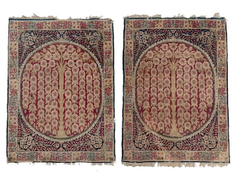 RARE TWIN SISTER Tree of Life Antique Rugs | A Pair of Unbelievable Weeping Willow Tree of Life Antique Rug Mats  | ~ 1.9 x 2.6