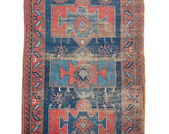 Old World Antique Kazak Rug | Sensational Worn Caucasian Geometric Tribal Antique Rug | 4.4 x 6.9