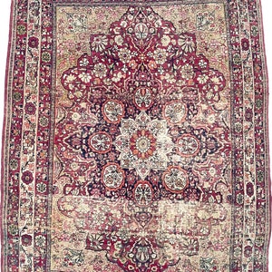 OLD-WORLD Antique Rug | Unique Squarish Size with Super Fine Details | Sage Green, Pink, Copper, Wine | 4.3 x 5.7