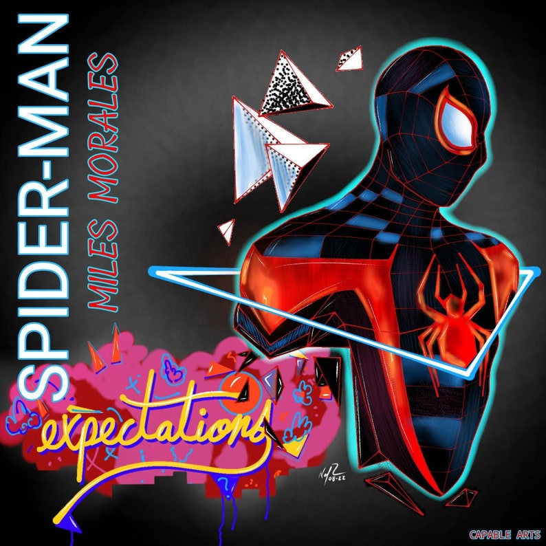 Peut inclure: Une illustration num&eacute;rique de Miles Morales, &eacute;galement connu sous le nom de Spider-Man, dans son costume rouge et noir signature avec un symbole d'araign&eacute;e bleu sur la poitrine. L'arri&egrave;re-plan est noir avec des formes g&eacute;om&eacute;triques et le texte "Spider-Man Miles Morales" et "expectations" dans un style graffiti.