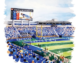 May include: A watercolor painting of a football stadium with a large crowd of people wearing blue. The scoreboard reads "KROGER FIELD" and shows the score of a game. The field is green and has the words "KENTUCKY" and "WILDCATS" painted on it.