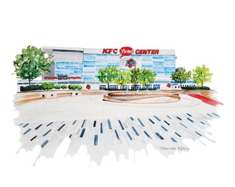 May include: A watercolor painting of the KFC Yum! Center, a large arena with a red and white sign. The arena is surrounded by a paved area with trees and a fountain. The painting is signed by Charisma Rifey.