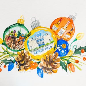 A Merry Kentucky Christmas, Art Print of a watercolor painting of Kentucky themed ornaments of KY Bourbon, Kroger Field, and Horse Racing