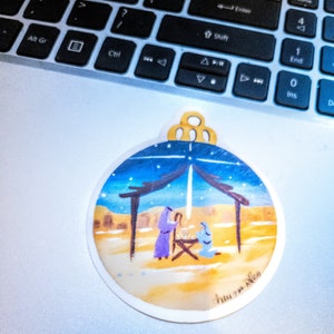 Nativity Ornament Sticker, Manger Scene, Jesus, Christmas, Mary and Joseph, Stable, Desert, Laptop Stickers, Water bottle Sticker, Bethlehem