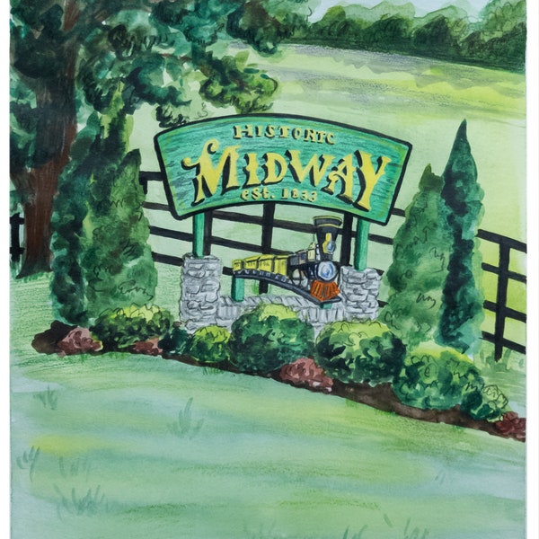 Midway Sign Art Print 8x10 Rendition of the Original Watercolor depicting the welcome sign for Midway Kentucky, Railway, Midway, Artwork