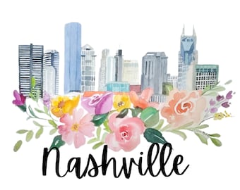 Nashville Print, Skyline, Floral, Flowers, Cityscape, Landscape, Art Reproduction, Tennessee