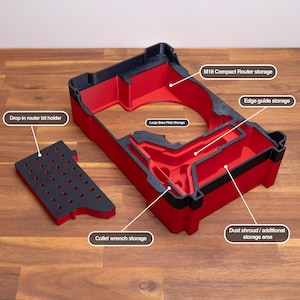 May include: A red and black plastic storage organizer for tools with labeled sections including M18 Compact Router storage, Edge guide storage, Large Base Plate Storage, Drop in router bit holder, Collet wrench storage, and Dust shroud / additional storage area.