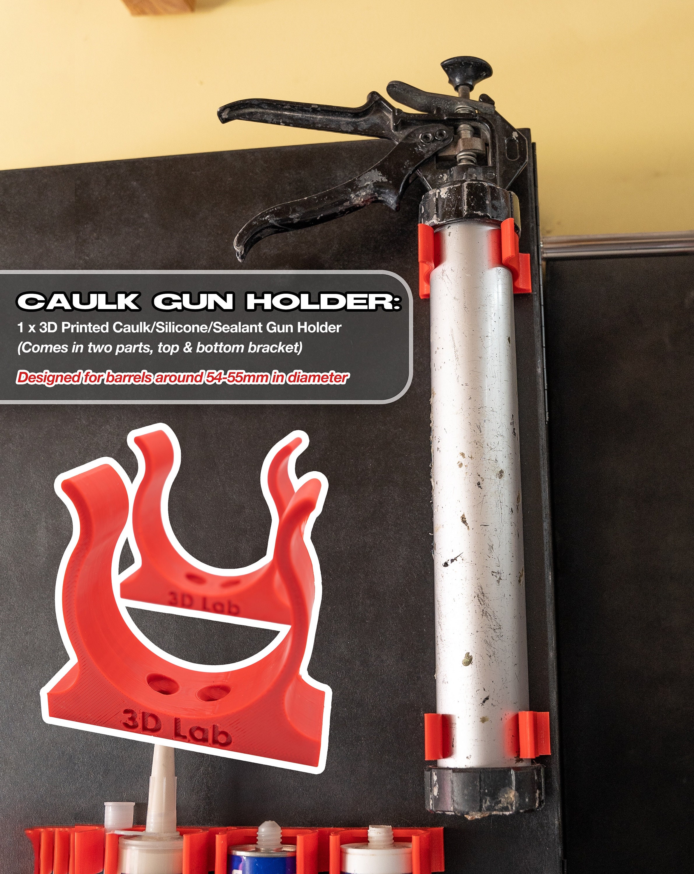 Caulk/silicone Tube and Gun Holders 3D Printed Handy Wallmounted