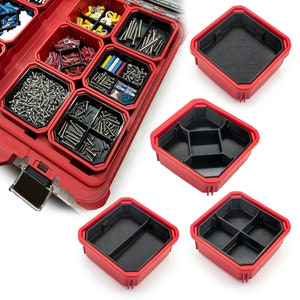 Peut inclure: Conteneurs de rangement modulaires rouges et noirs avec divers compartiments. Les conteneurs sont remplis de vis, de connecteurs et d'autres pièces. Plusieurs conteneurs vides sont également présentés, soulignant la flexibilité du système.