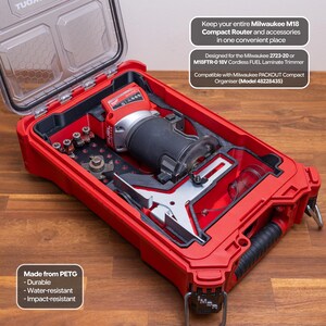 May include: A red plastic storage case with a clear lid containing a Milwaukee M18 compact router, metal router bits, and a silver metal guide. Text on the case reads: Keep your entire Milwaukee M18 Compact Router and accessories in one convenient place. Designed for the Milwaukee 2723-20 or M18FTR-0 18V Cordless FUEL Laminate Trimmer. Compatible with Milwaukee PACKOUT Compact Organiser (Model 48228435). Made from PETG - Durable - Water-resistant - Impact-resistant.