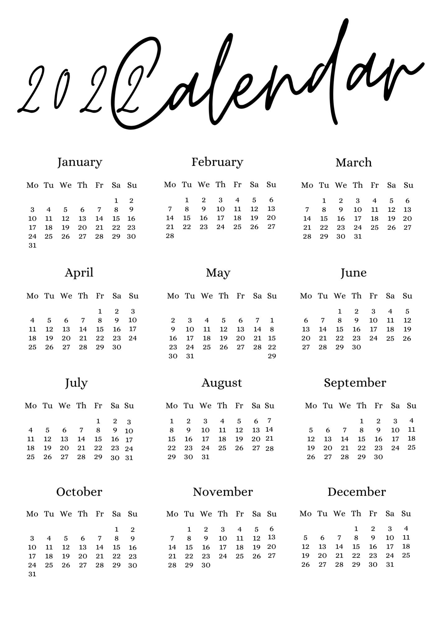 2022 Printable Year Calendar Wall Calendar Desk Calendar - Etsy Australia