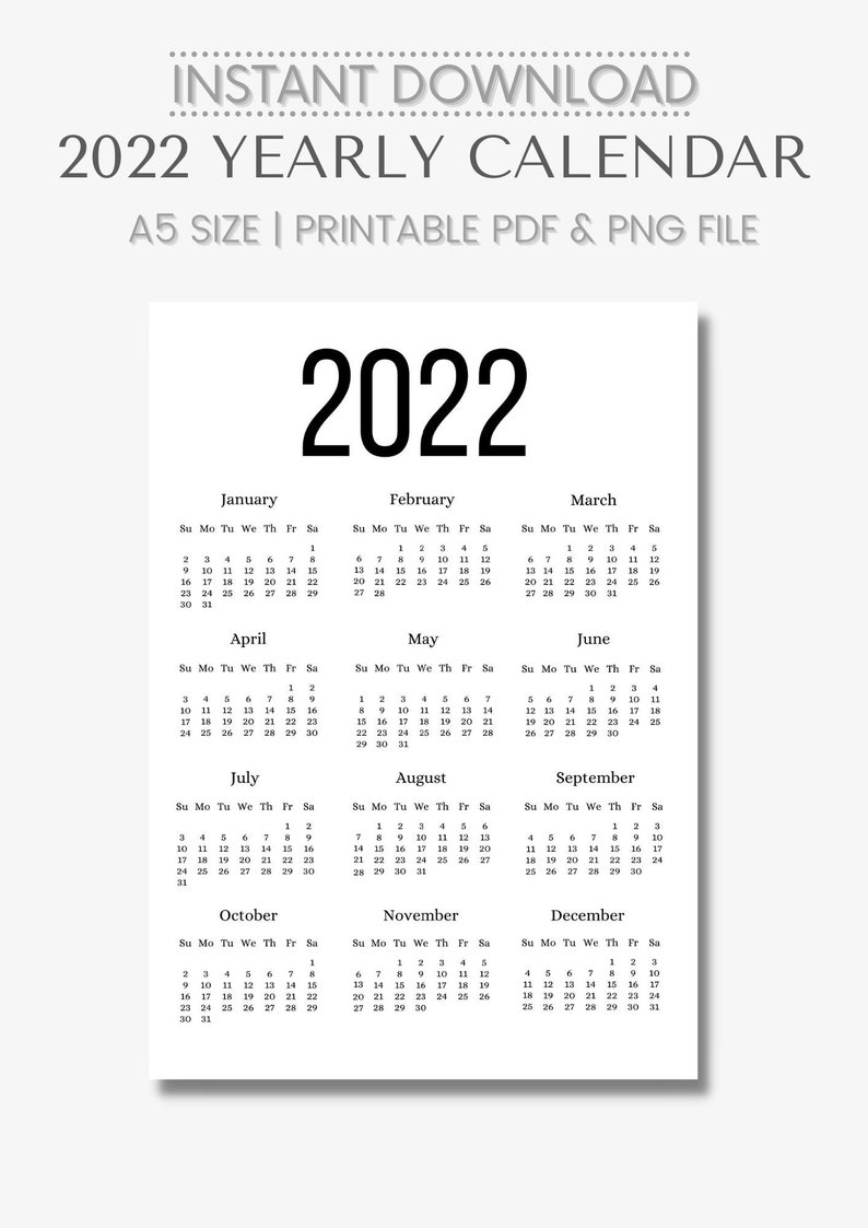 A5 Size 2022 Printable Year Calendar Wall Calendar Desk Etsy