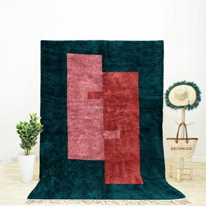 Handwoven Abstract Area Rug is a Green Moroccan Shag Rug with a Mid Century Modern Rug and Art Rug Design Made of Beni Ourain Rug Wool