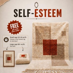 May include: A cream-colored shag rug with a geometric pattern of brown and red rectangles and squares, featuring a fringed edge. The image includes text reading SELF-ESTEEM and details about a free gift offer for small and large rugs.