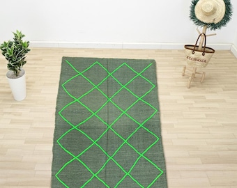 Handwoven Sage Green Moroccan Rug, Berber Kilim Design