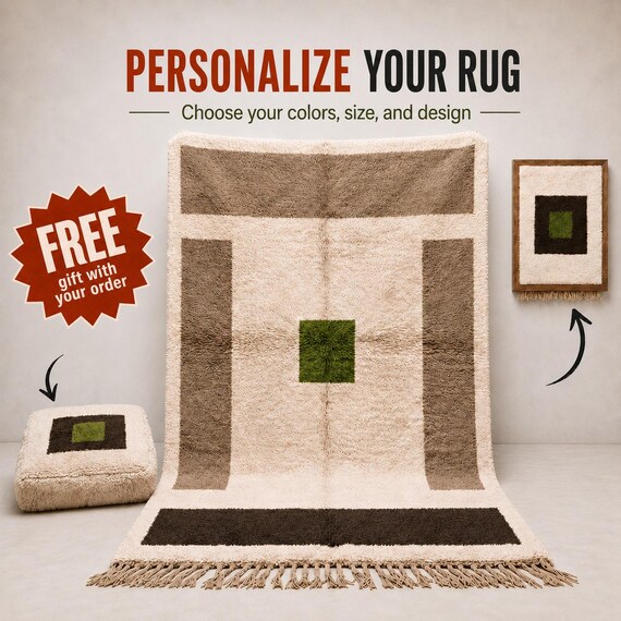 Custom Geometric Wool Rug, Abstract Berber Area Rug, Handmade Moroccan Design