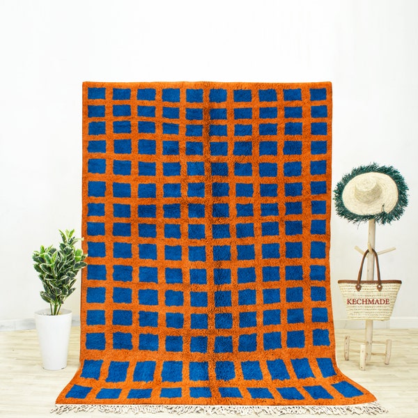 Custom Moroccan Rug, Blue and Orange Rug, Beni Ourain Rug, Checkered Rug, Bedroom Rug