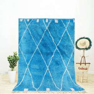 Authenticly Handwoven Blue Beni Ourain Rug with Imperfect Diamond Pattern Rug - Handmade Blue Moroccan Wool Rug