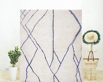 Handwoven Moroccan Berber Rug, Geometric Blue Beni Ourain, Home Office Rug