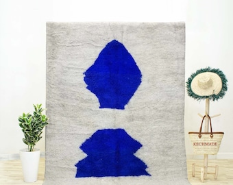 Abstract Beni Ourain Rug, Blue Shapes, Moroccan Shag Carpet