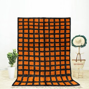 Shag Moroccan Orange and Black Beni Ourain checkered rug