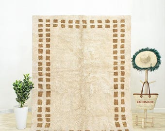 Brown Checkered Wool Rug, Handmade Moroccan Beni Ourain Design