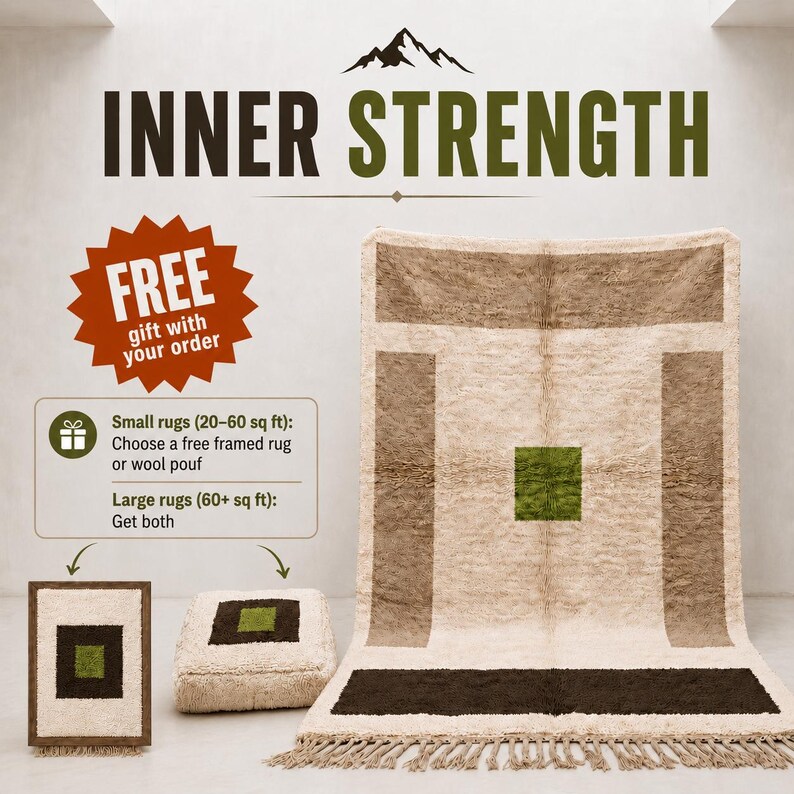May include: A rectangular rug with a cream-colored base, featuring a dark brown border, two vertical brown side panels, and a central green square. The rug has a fringed edge. Beside it sits a matching square pouf and a small framed rug display.