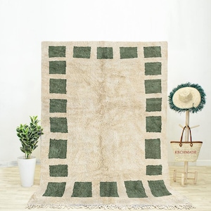 Green Checkered Rug is a Moroccan Berber Rug for Living Room or Bedroom with a Green Moroccan Rug Handwoven from Beni Ourain Rug Wool