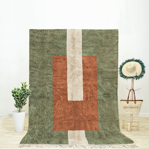 Green Moroccan Abstract Rug for Living Room Handwoven Using Beni Ourain Rug Wool with Green Mid Century Modern Rug Design