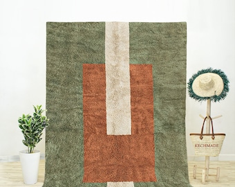 Handwoven Green Moroccan Rug, Abstract Beni Ourain Rug Design