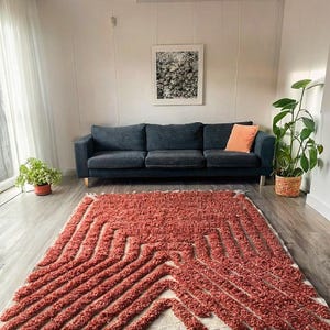 Red Moroccan Rug Featuring a Beni Ourain Rug Design | Handmade Berber Rug Made of Natural Red Wool Rug 9x12 | Moroccan Shag Rug