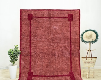 Handmade Red Wool Berber Rug, Abstract Design, Moroccan Shag Rug