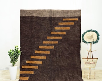 Handwoven Brown Wool Moroccan Rug, Minimalist Beni Ourain Carpet
