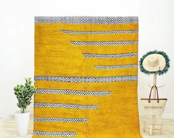 Yellow Moroccan Kilim Rug, Handwoven Wool, Geometric Berber Rug