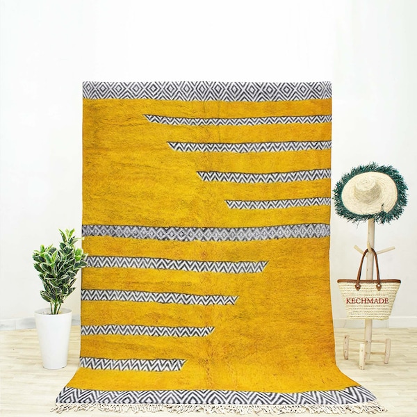 Yellow Moroccan Kilim Rug, Handwoven Wool, Geometric Berber Rug