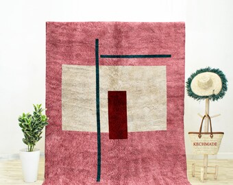 Handmade Pink Berber Rug, Abstract Geometric Wool Shag Rug