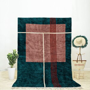 Green Moroccan Rug, Handmade Beni Ourain Rug, Abstract Rug Green, Geometric Moroccan Rug 8x10, Bedroom Rug Green, Natural Wool Rug