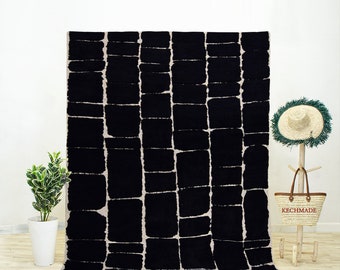 Handwoven Black Beni Ourain Wool Rug, Bold Geometric Decor