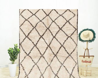 Geometric Moroccan Shag Rug, Beni Ourain Style, Off White