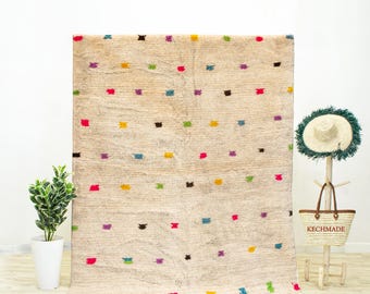Cream Moroccan Wool Rug with a Multicolored Polka Dot Pattern and Hand-Tied Fringes