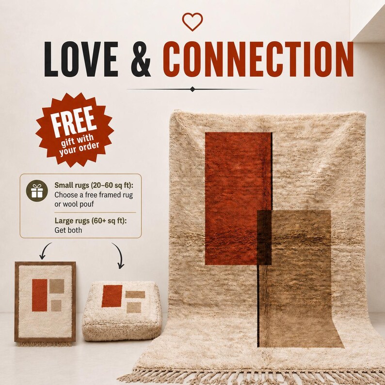 May include: A large, beige, shaggy area rug with a fringe and two rectangular geometric overlays in rust and brown. Beside it, a small framed rug and a square wool pouf feature similar rust and beige geometric patterns on a beige background.