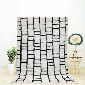 Handmade Wool Checkered Shag Rug, Moroccan Beni Ourain Style