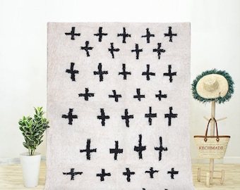 Beni Rug, Moroccan Rug with a Swiss Cross Rug, Christian Cross Rug Design is a Contemporary Rug Handmade of Wool Rug in Black White Rug