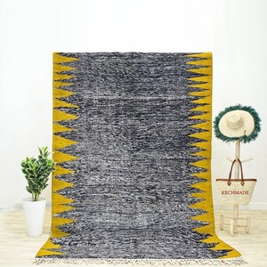 Handwoven Moroccan Kilim Rug, Black & Yellow Berber Design, 8x10 Area Rug