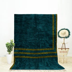 Handmade Mid Century Modern Rug is a Green Abstract Rug in a Green Moroccan Rug Texture with a Green Contemporary Rug for Bedroom