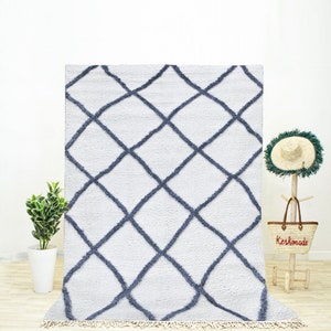 Large White Moroccan Area Rug for Living Room | Handwoven White and Blue Beni Ourain Rug
