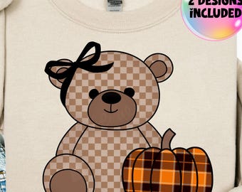 Urso de Outono PNG | Design de Sublimação de Abóbora Vichy | Urso de Outono Fofo com Laço | Camiseta de Ação de Graças PNG | Clipart para Download Digital