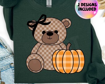 Urso de Outono PNG | Design de Sublimação de Abóbora Vichy | Urso de Outono Fofo com Laço | Camiseta de Ação de Graças PNG | Clipart para Download Digital
