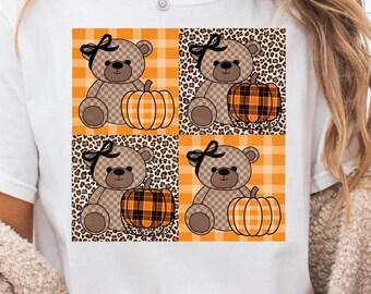 Padrão de Urso de Outono PNG | Design de Sublimação de Abóbora Gingham | Urso de Outono Fofo PNG | Camiseta de Ação de Graças PNG | Clipart para Download Digital